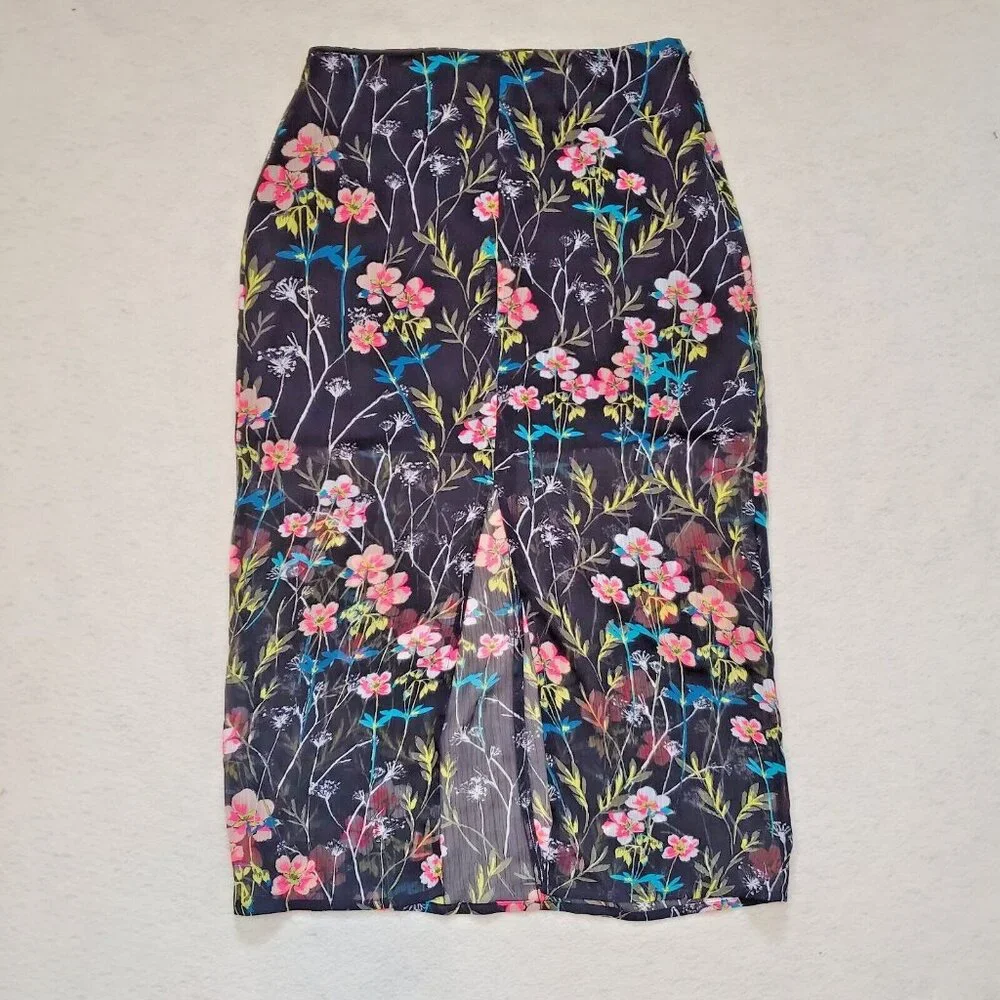 Express Skirt  Black  Floral Skirt S/P Sheer Witchy Whimsygoth Gypsy Black Flora - Picture 2 of 7